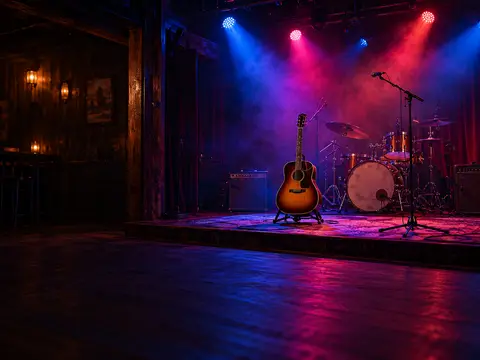 An empty saloon stage lit blue, magenta and red with an acoustic guitar on a stand and a drum kit