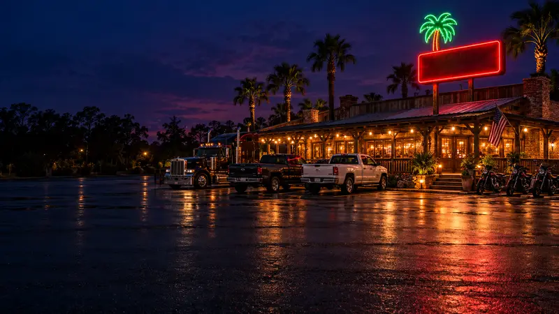 Bubba's Roadhouse at night with its red neon sign glowing