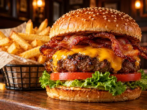A tall bacon cheeseburger with fries in a paper-lined basket