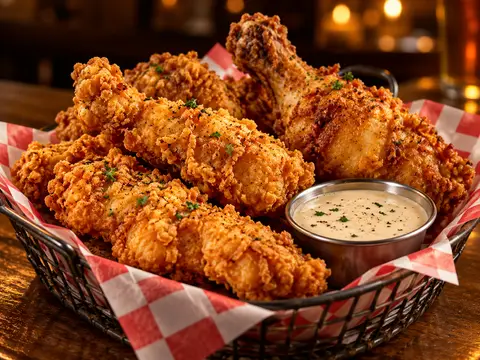 A basket of golden crispy country fried chicken with dipping sauce