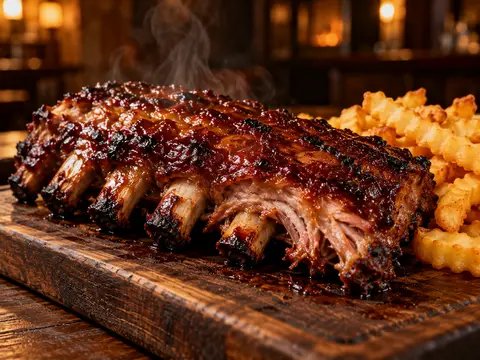 A half rack of glazed BBQ pork ribs with golden fries on a wooden tray