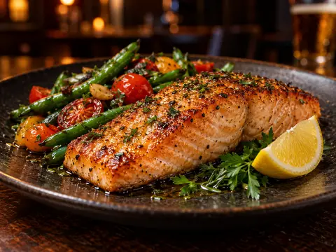 Seared salmon fillet with a lemon wedge and sautéed vegetables