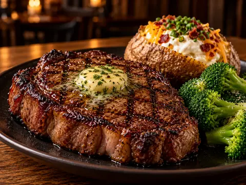 A thick grilled ribeye with herb butter, a loaded baked potato and broccoli