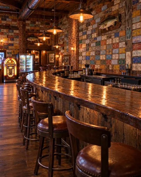 The horseshoe bar inside Bubba's: reclaimed plank walls covered in license plates